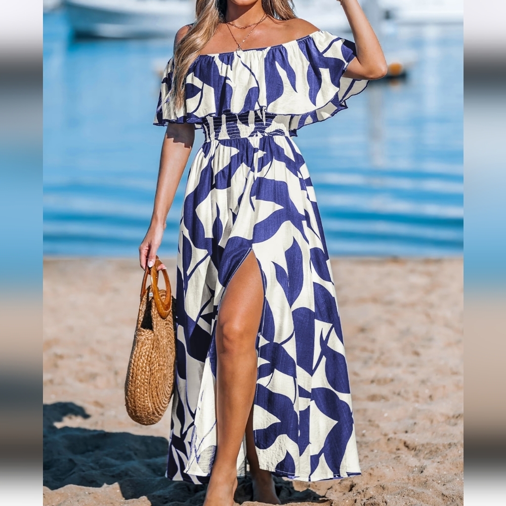 Off-Shoulder Blue and White Maxi Dress Cupshe Sz L
